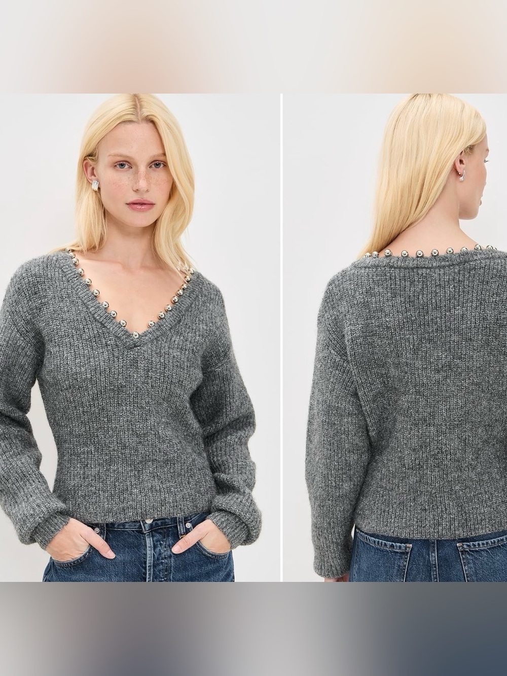 NEW 🆕 BLANKNYC Women's Grey V-Neck Pearl-Trim Knit Sweater, size Medium